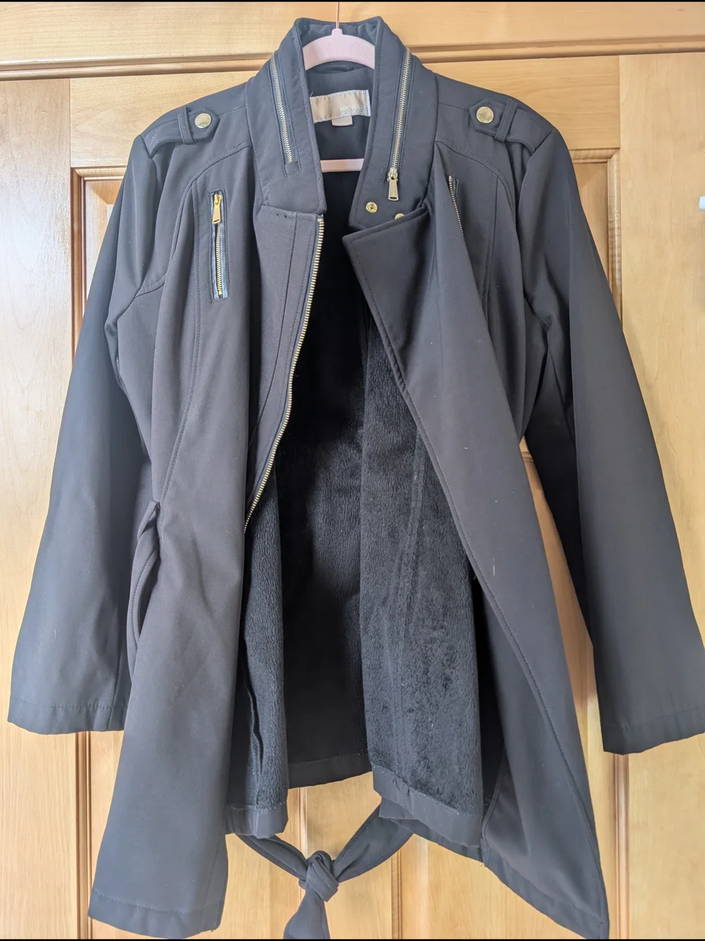 MICHAEL Michael Kors Black Trench Coat with Gold Hardware Accents - Picture 1 of 11